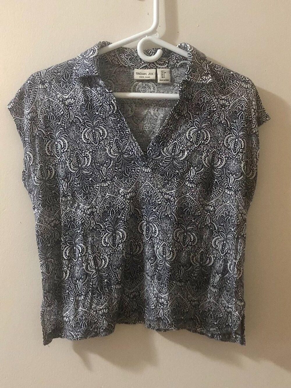 Rachel Zoe 100% Linen Boho Top Blue White Print Size S